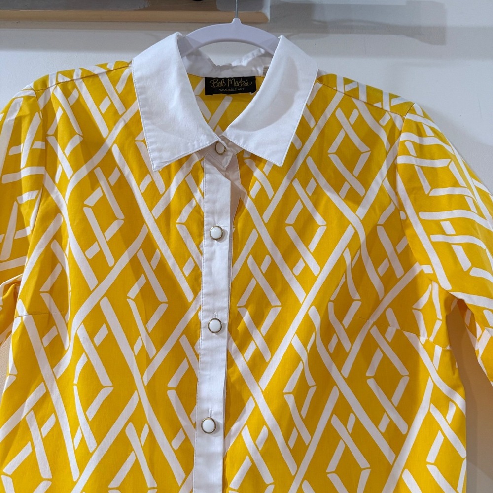 Bob Mackie Wearable Art Womens Small Yellow White Geometric Button Down Shirt - Picture 10 of 11